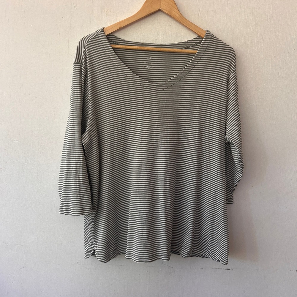 J. Jill Pima 3/4 Sleeve V-Neck Tee Women 2X Green Striped Preppy Coastal Classic